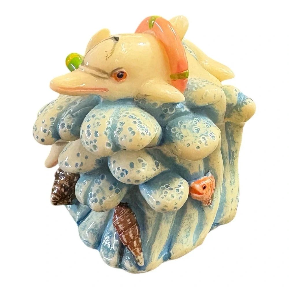 Vintage Dolphin Ceramic Trinket Box Ocean Wave Sea Shells TAI Mark Coastal Decor